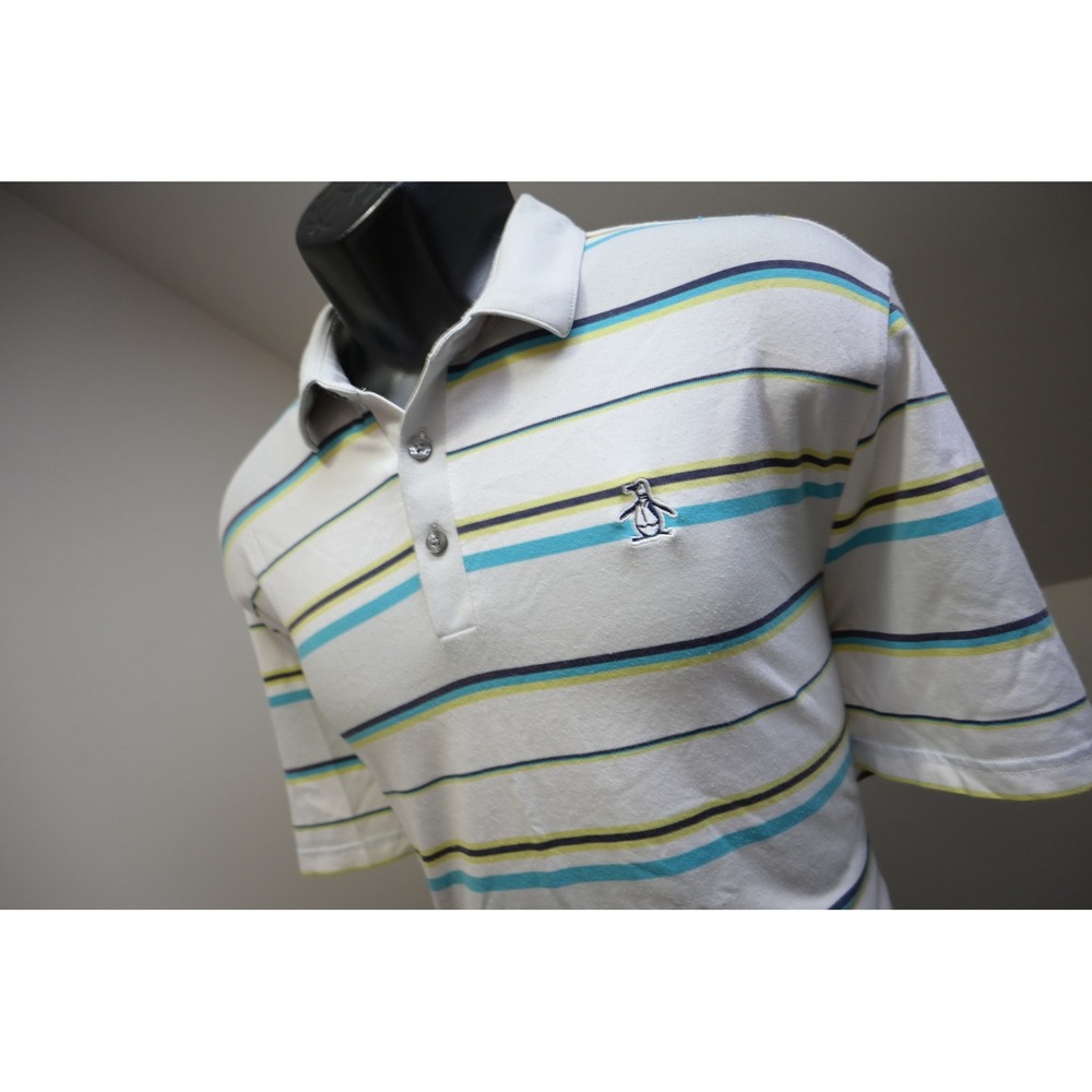 Original Penguin Polo Shirt Mens Large White Striped Short Sleeve Fair